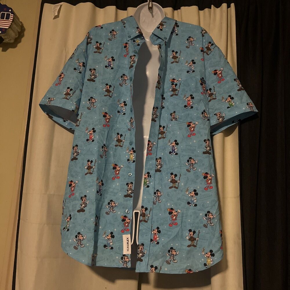 Disney RSVLTS Mickey Mouse Men's Button-Up Shirt Blue Graphic Cartoon Size Large